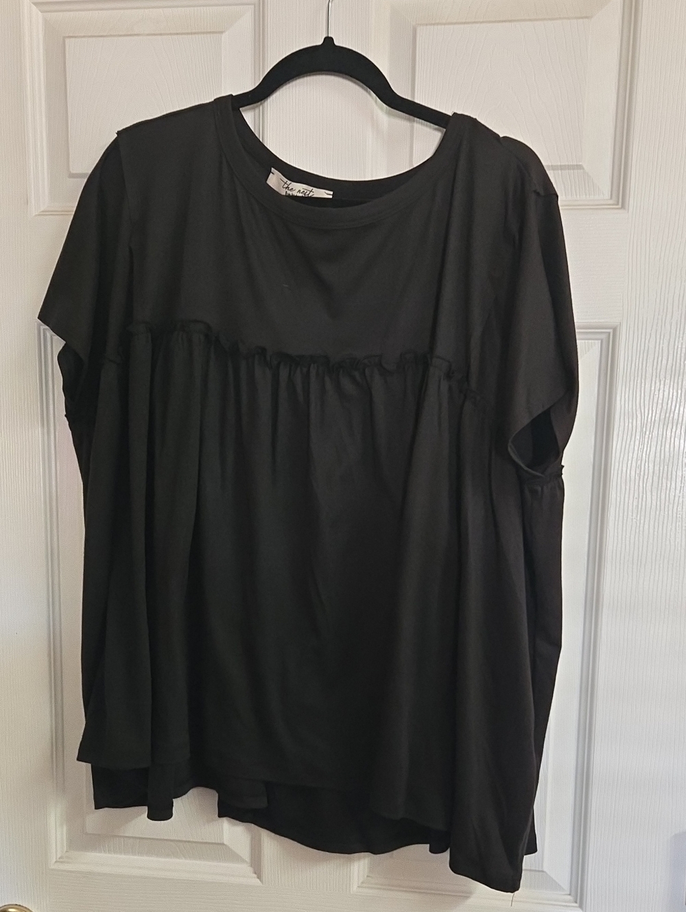 Three Bird Nest Black Short Sleeve Ruffle-Yoke Tunic